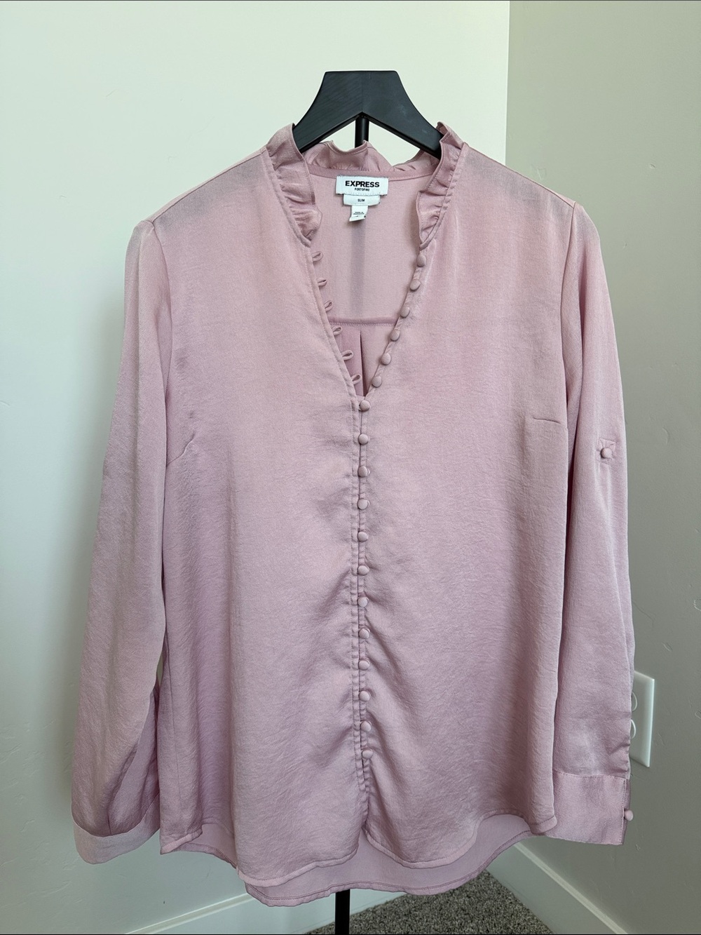 Express Soft Pink Ruffle-Trim V-Neck Blouse